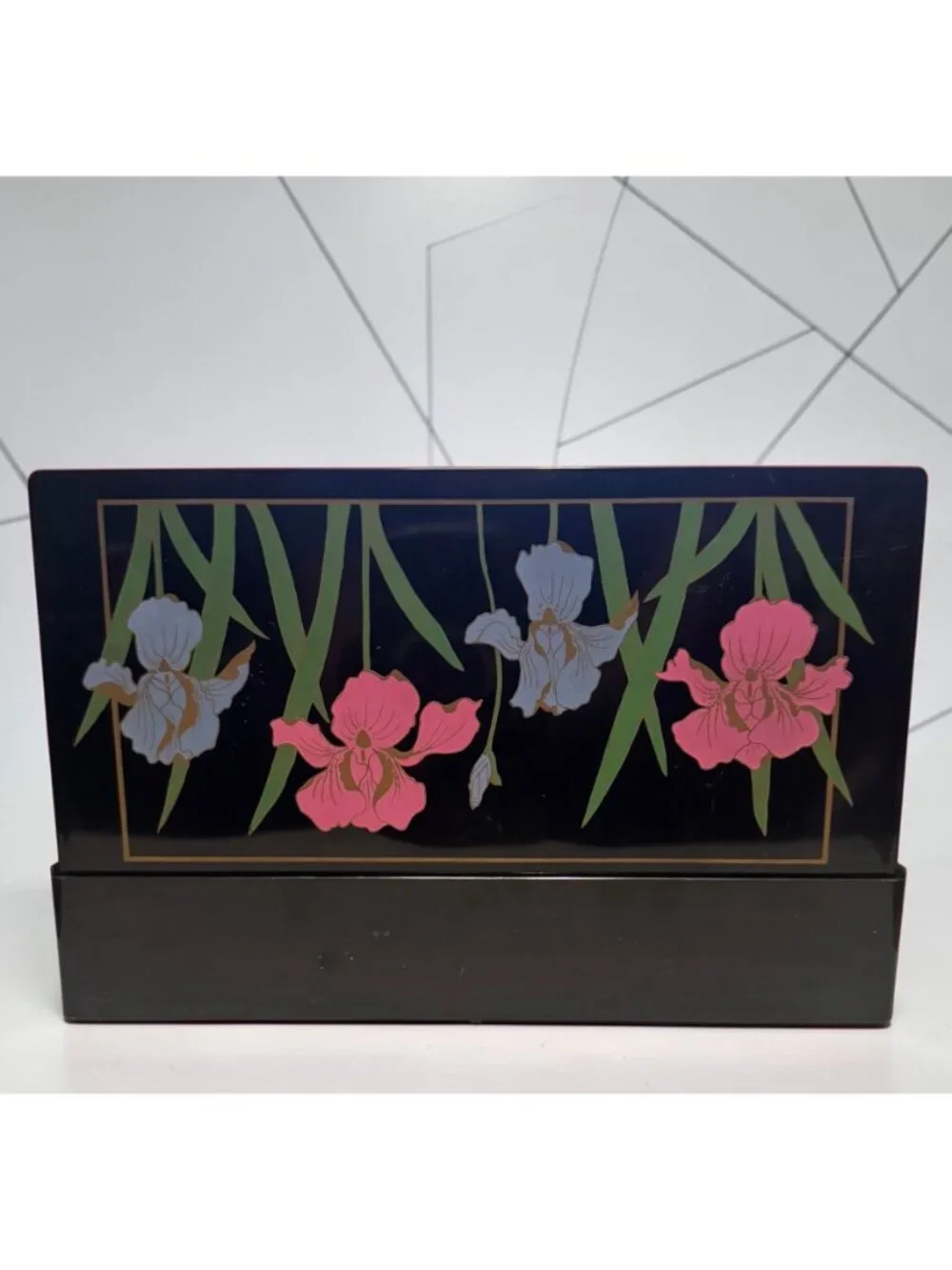 Vintage Black Faux Lacquer/Plastic Tri-Folding Mirror Jewelry or Trinket Box